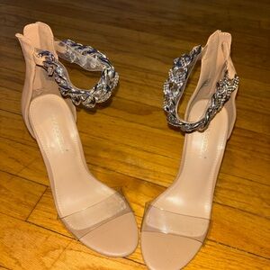 Shoe Dazzle Tan Heels with Silver Chain Detail